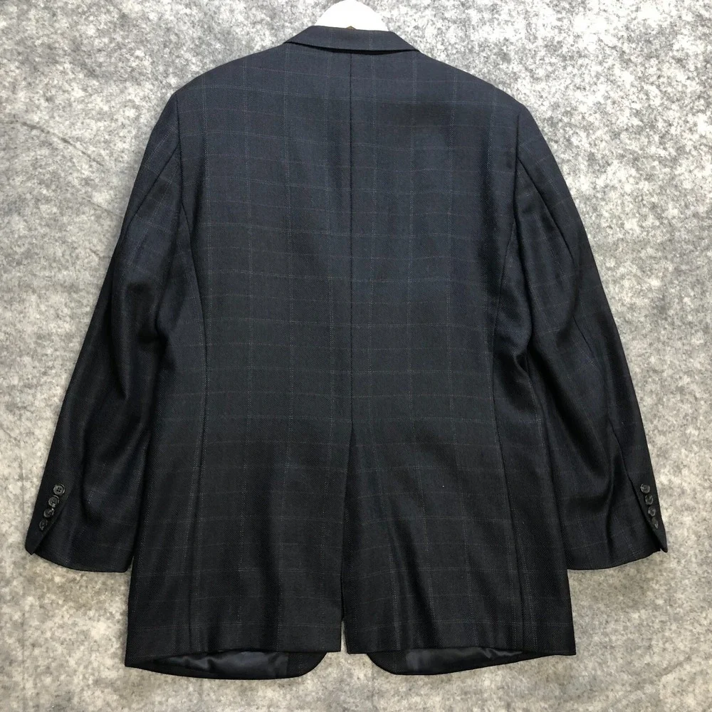 Chaps Blazer Mens 42L Navy Blue‎ 100% Lambswool Herringbone Windowpane Jacket